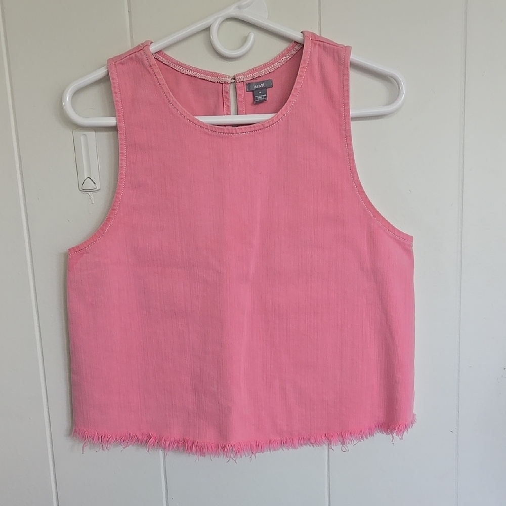 Aerie Women's Medium Denim Open Back Fringe Sleeveless Tank Top, Pink